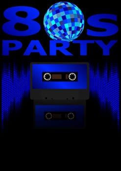 Eighties Party Background - Retro Audio Cassette Tape, Equalizer in Shades of Blue and 80s Party Sign