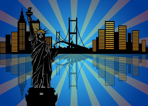 Reflection of New York Manhattan City Skyline at Night Illustration