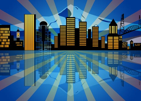 Reflection of Portland Oregon City Skyline at Night Illustration