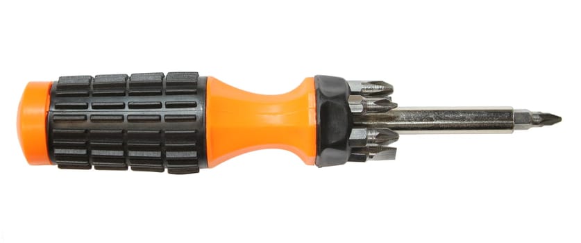 A screwdriver with an orange and black handle on a white background.