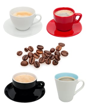Collection of Coffee Cups in Various Colors Isolated on White and Coffee Beans Beans