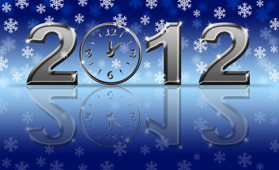 Silver 2012 Happy New Year Clock with Snowflakes and Reflection