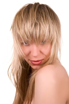 Beautiful blond sexy girl with tousled hair on white