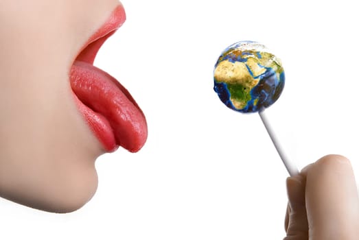 Woman eat lollipop as earth isolated on white