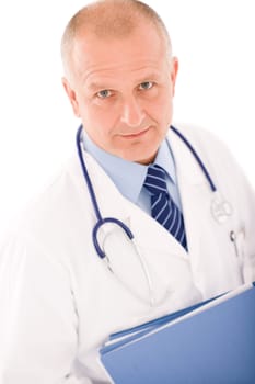 Professional senior doctor male with stethoscope portrait with document folders