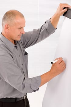 Handsome mature businessman writing at empty flip chart looking aside