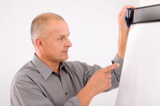 Mature handsome businessman pointing at empty flip chart looking aside