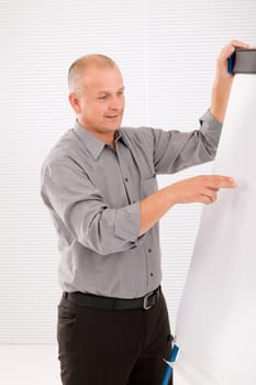 Mature handsome businessman pointing at empty flip chart looking aside