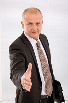 Successful mature executive businessman giving handshake close deal portrait