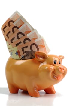 Piggy bank with 50 euro notes