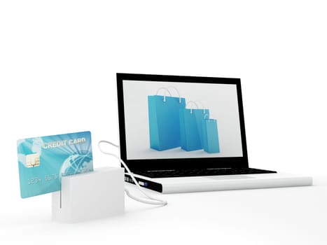 Isolated laptop with blue credit card - 3D Render  Note: All Devices design and screen interface graphics of this picture are designed by the contributor him self.