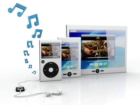 Media mobile equipment isolated on white backround - 3D Render  Note: All Devices design and all screen interface graphics in this series are designed by the contributor him self.
