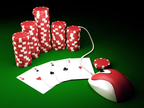 Gambling chips and poker cards on green carpet with computer mouse - 3D render