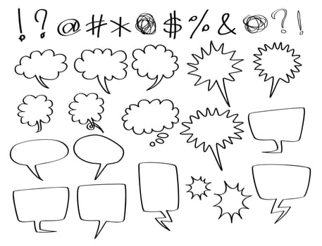 hand-drawn speech and thought bubbles, in comic style.