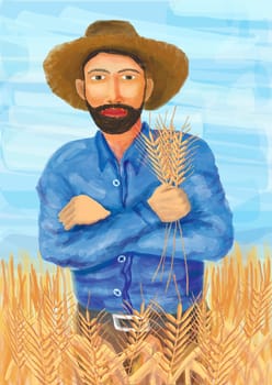 Illustration of a farmer in the field of wheat