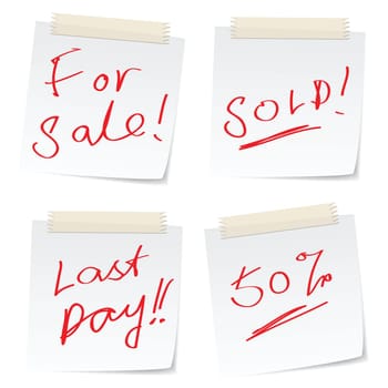 handwritten message related to sale on paper notes.