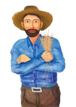 Illustration of a farmer holding few straws of wheat, isolated on white.