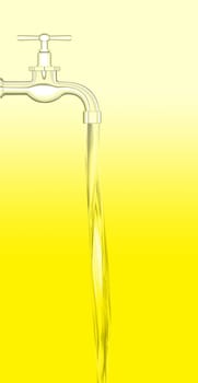 a water tap with realistic flowing water, on a yellow background
