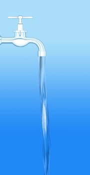 a water tap with realistic flowing water, on a blue background