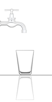 a water tap with no water, and an empty glass.