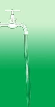 a water tap with realistic flowing water, on a green background