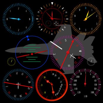 Modern airplane dashboard over black background, isolated and grouped objects.