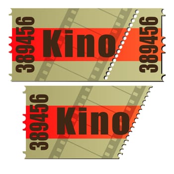 German cinema, kino movie ticket , isolated objects on white.
