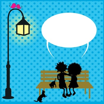 Image shoes two lovers on a bench in the park declaring their love. Speech buule for text, love card