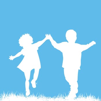 Silhouettes of a boy and a girl running, abstract art card with room for your text
