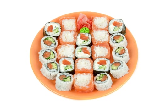 Closeup japanese sushi set at plate on a white