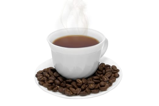Perfect white coffee cup with beans and steam isolated on white