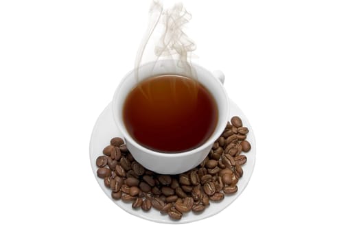 Perfect white coffee cup with beans and steam isolated on white