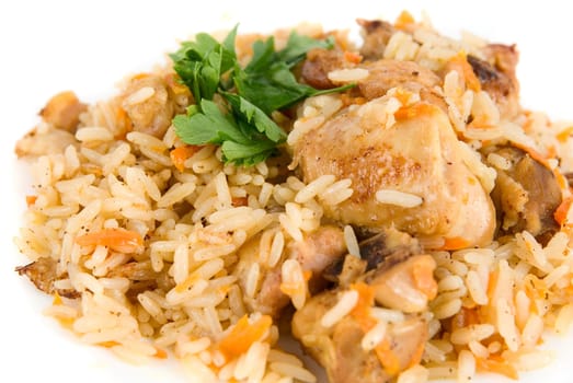 close-up of pillau in dish on white