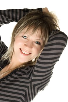 happy caucasian model on white background