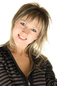 happy caucasian model on white background