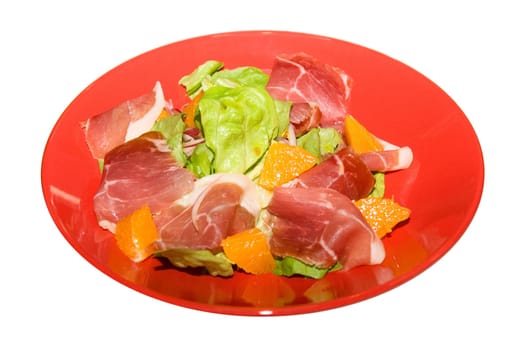 jamon salad at red dish on white