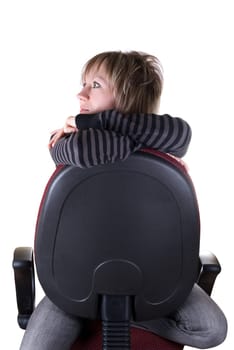Girl at chair isolated on white background