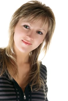 Portrait of beauty blond woman on white