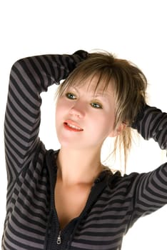 Pretty caucasian european model woman on white background