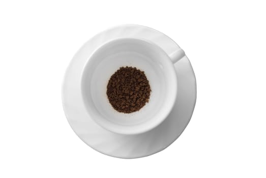 White cup of coffee isolated on white. Top view