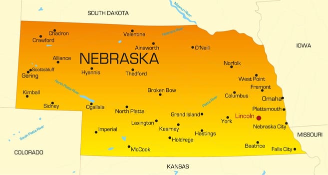 Vector color map of Nebraska state. Usa