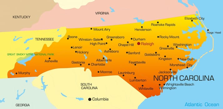 Vector color map of North Carolina state. Usa