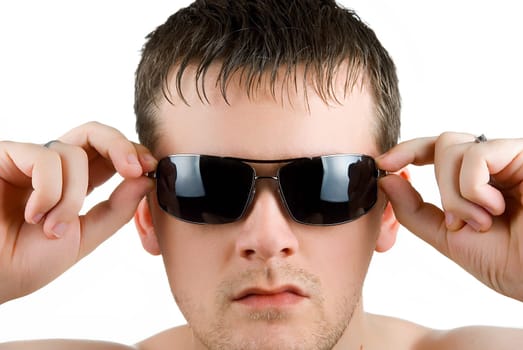 young man portrait with sunglasses on white