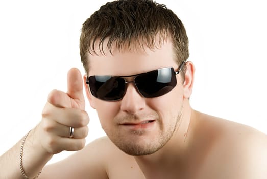 Man in black sunglasses on white background