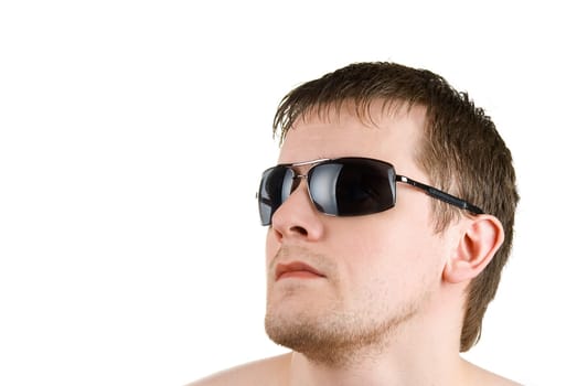 young man portrait with sunglasses on white