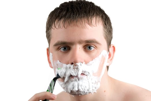 Man shaving with razor isolated on white