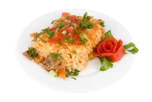 Tasty spaghetti dish on white