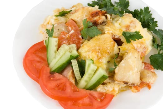 Close up of Tasty meat dish on white background