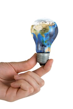 Hand holding Earth-Bulb isolated on white