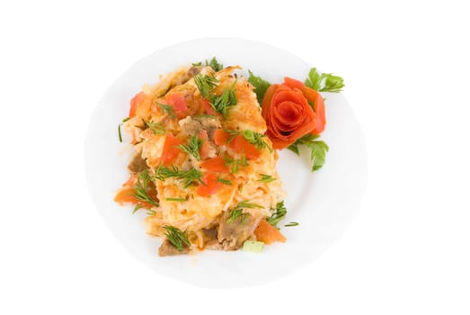 Top view of Tasty spaghetti dish on white